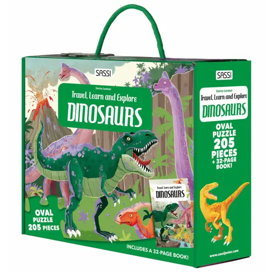 Sassi: Travel, Learn & Explore - Dinosaurs - 205pc Puzzle & 32-Page Book, Jurassic Educational Set, Fossil Structures & Paleontology Facts, Kids 6+ {1}