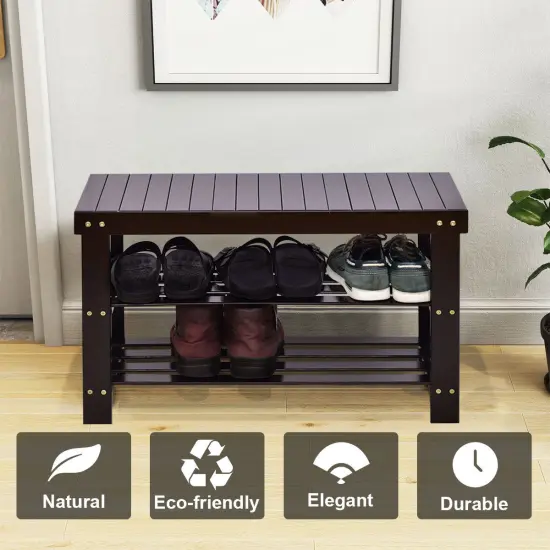 Costway 3 Tier Bamboo Shoe Rack Bench Storage Shelf Organizer Entryway Home Furni Black {4}