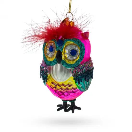 Vibrant Colorful Owl Glass Christmas Ornament {1}
