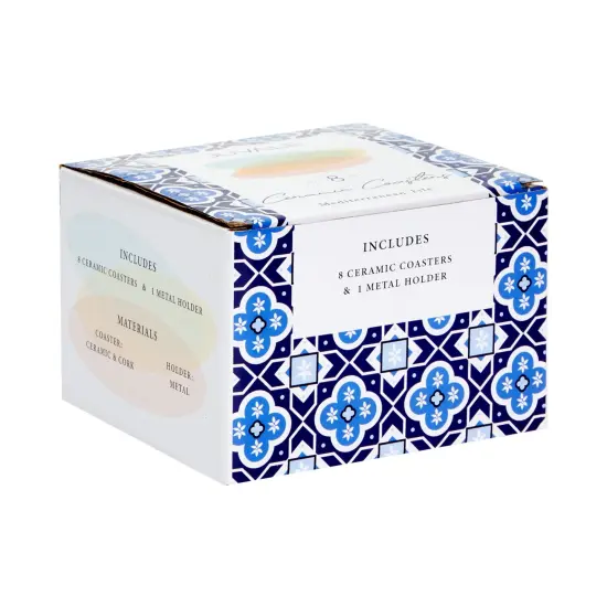 Set of 8 Ceramic Coasters for Drinks with Cork Base and Iron Holder, Mediterranean Tile Designs (4 Inches) Multicolor {4}