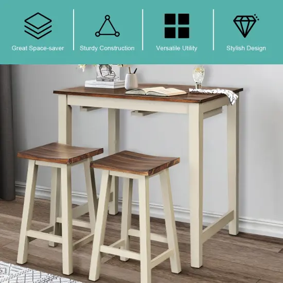 Costway 3-Piece Bar Table Set Counter Pub Table& 2 Saddle Bar Stools w/ Hanging Design {6}