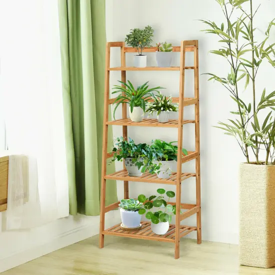Costway 4-Tier Bamboo Ladder Shelf Multipurpose Plant Display Stand Storage Bookshelf {2}