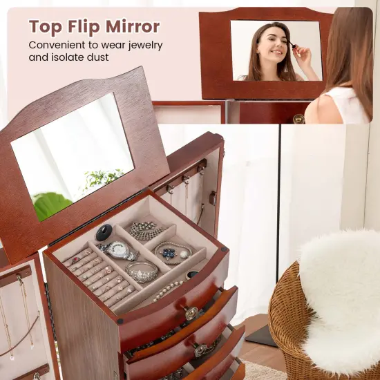 Costway Wood Jewelry Cabinet Storage Chest Stand Organizer Necklace {6}