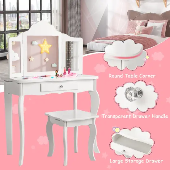 Costway Kid Vanity Table Set with Tri-folding Mirror 2-in-1 Makeup Dressing Table Stool Set {5}