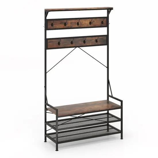 Costway Coat Rack 4-In-1 Hall Tree with 11 Hanging Hooks, Shoe Bench, 2-Tier Shoe Rack Gray/Brown {8}