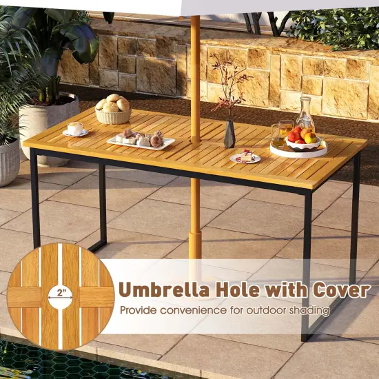 Costway Acacia Wood Dining Table for 6 People 55" Rectangle Patio Table with Umbrella Hole {4}