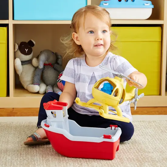 Green Toys: Rescue Boat & Helicopter Set - Red-Yellow - 2 Animal Figures, Floating Bath Toy Boat, Moving Propellers, Recycled Material, Kid-Toddler 2+ {4}