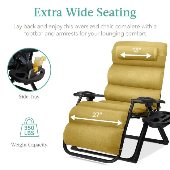 Best Choice Products Oversized Zero Gravity Chair, Folding Recliner w/ Removable Cushion, Side Tray Sunflower Yellow {4}
