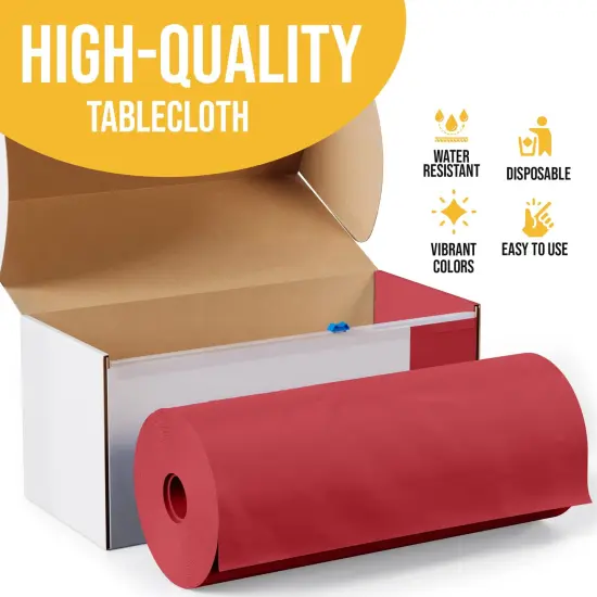 Exquisite Party Solids 54" x 100' Plastic Table Cover Roll with Slide Cutter &ndash; Cut-to-Size Dispenser Box &ndash; Makes Up to 36 Disposable 8' Rectangle Tablecloths Red {4}