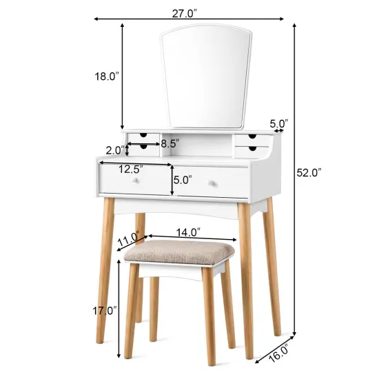 Costway Vanity Table 6 Dressing Table Cushioned Stool Makeup Table {3}