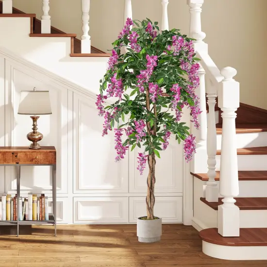 Costway 1/2 PCS 5.5 FT Tall Artificial Ficus Tree Faux Wisteria Plant in Nursery Pot Decoration Pink/Purple {6}