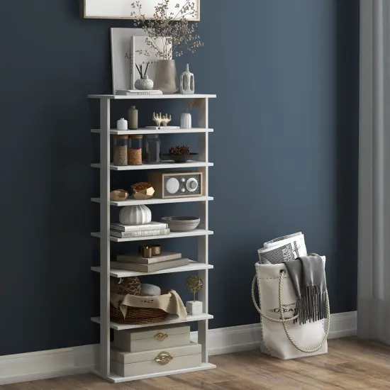 Costway Patented 7-Tier Double Rows Shoe Rack Vertical Wooden Shoe Storage Organizer Rustic White/Brown {4}