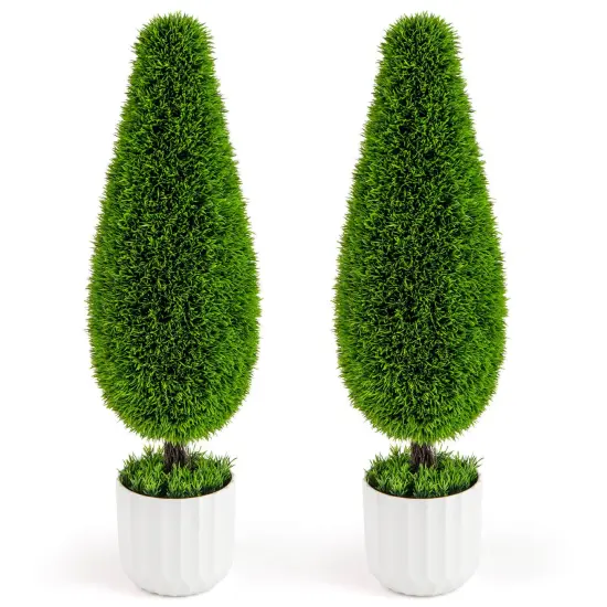Costway 2 Pack Artificial Cedar Plant 3 FT Potted Teardrop Shaped Bush with Premium PE Leaves {2}