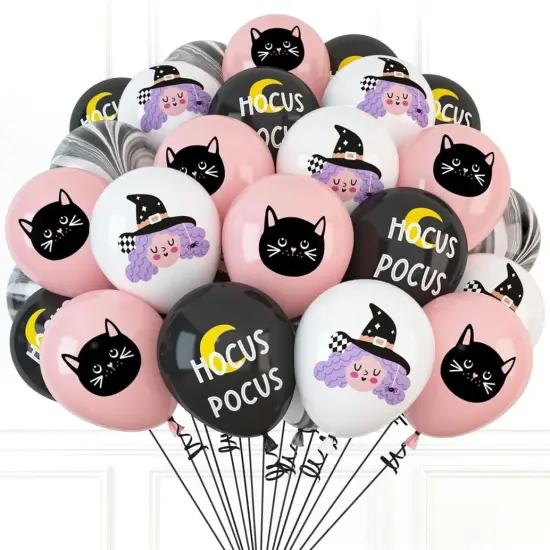 50Pcs Halloween Balloons Set - Pink Black Cute Witch Cat Hocus Pocus (Witch Cat Latex) {1}