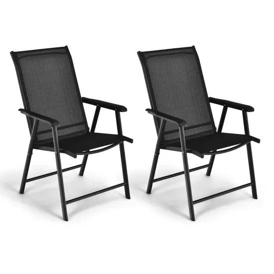 Costway 2PCS Patio Folding Dining Chairs Portable Camping Armrest Garden Black/Grey {7}
