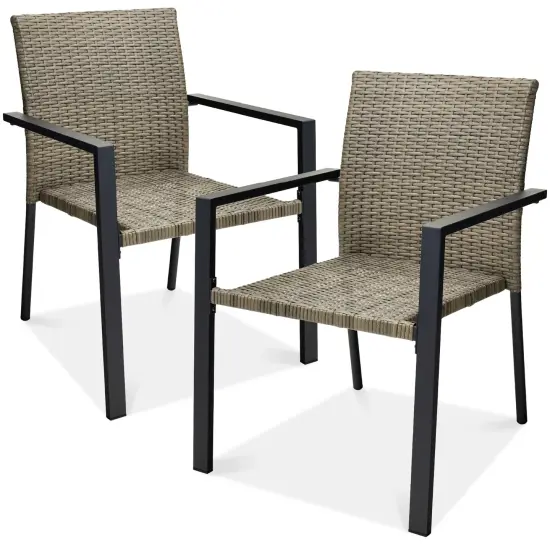 Best Choice Products Set of 2 Wicker Chairs, Stackable Outdoor Dining Furniture w/ Armrests Taupe {1}