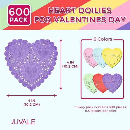 Juvale 600 Pack Paper Doilies, Heart Shaped Placemats for Crafts and Parties, Women's Day and Mother's Day Decorations, 4 x 4 Inch Bulk Cutout Lace Paper Doilies, 6 Colors Multicolor {2}