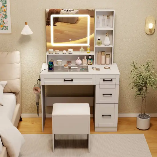 Costway 35.5" Makeup Table Set Vanity Desk with Mirror and Lights 2 Open Shelves Glass Top {4}