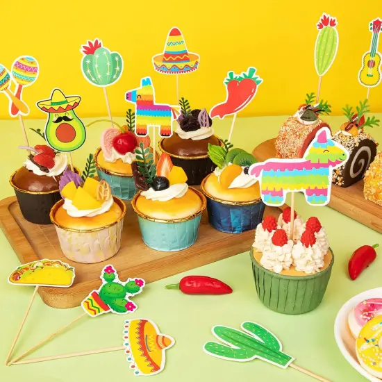 20 Pcs Fiesta Cupcake Toppers, Mexican Theme Cake Topper, Cactus Pinata Taco Guitar Party Cake Decorations with Wooden Sand Hammer and Foam Chili for Fiesta Party Decorations {3}