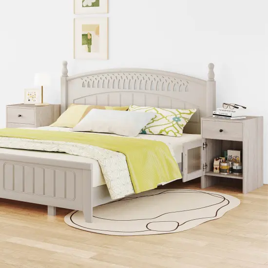 Costway 1/2 PCS Farmhouse Nightstand Fluted Bed Side Table with Large Drawer & Enclosed Cabinet {5}