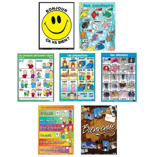 Poster Pals French Educational & Language Teaching basic Posters, large colorful charts, classroom reference and instruction, FSL, 7 pack {1}