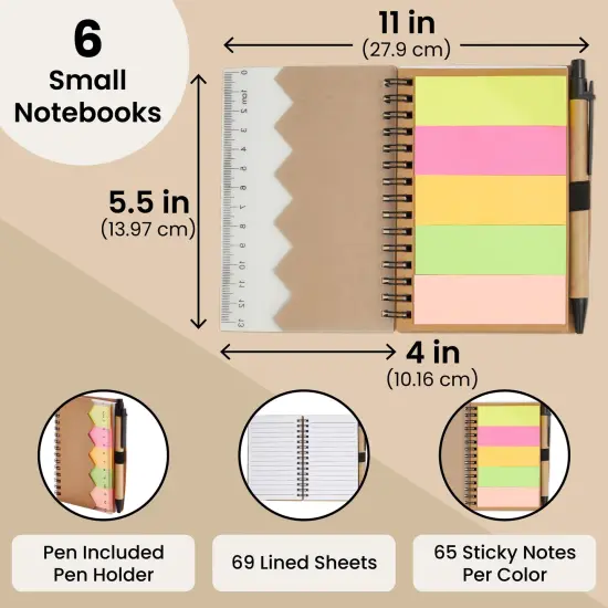 6 Pack Pocket Notebook with Pen - Small Spiral Steno Notepads Bulk with Sticky Tabs and Ruler - Kraft Paper Cover (4 x 5.5 In) Brown {4}