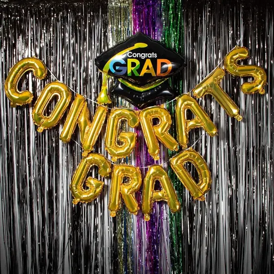 Congrats Grad Balloon Banner - Shiny Gold Balloons for Graduation Party Decorations, Class of 2025, 16 Inch {3}