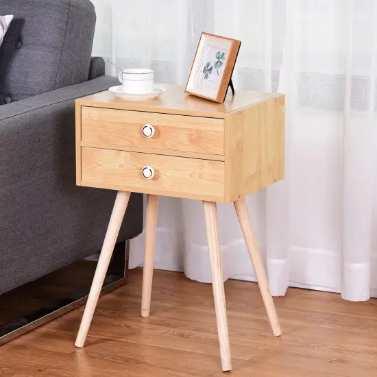 Costway Mid Century Modern 2 Drawers Nightstand In Natural Sofa Side Table End Table {5}