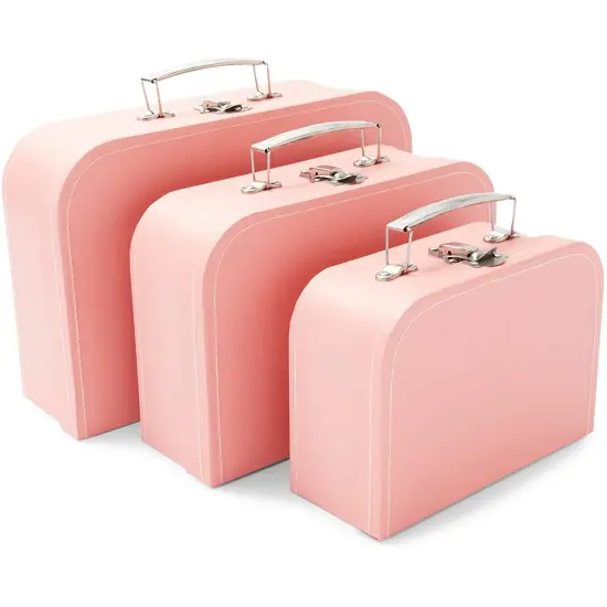 Set of 3 Different Sizes of Paperboard Suitcases with Metal Handles, Decorative Cardboard Storage Boxes (Pink) {4}