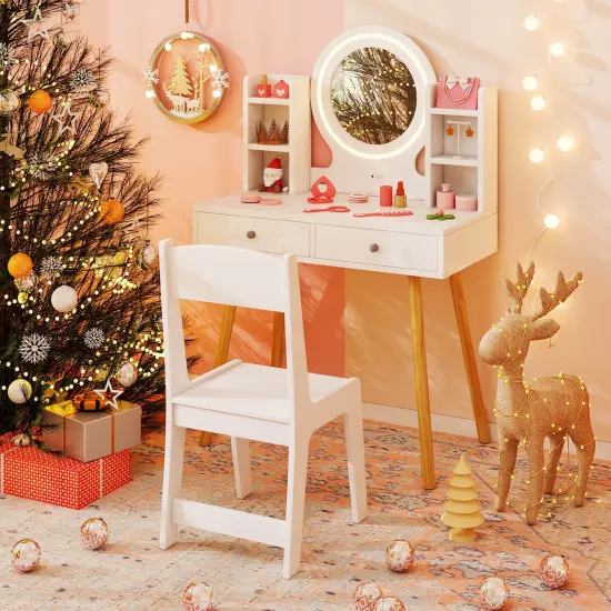 Costway Kids Vanity Set Princess Vanity Desk Set with 2-Color LED Lighted Acrylic Mirror White/Pink {5}