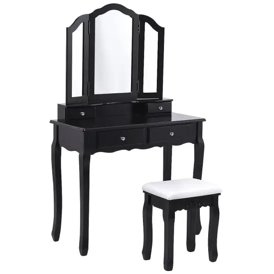 Costway Tri Folding Mirror Vanity Makeup Table Stool Set Black {2}