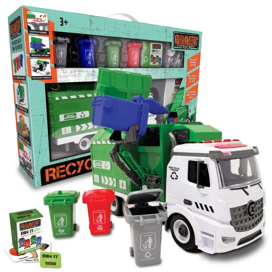 Crazy Truck: Recycling Truck - Lights & Sounds City Vehicle Toy Set, Pull Back Action, Trash Cans, Info Flash Cards, Realistic Mechanical Arm, Kids 3+ {1}