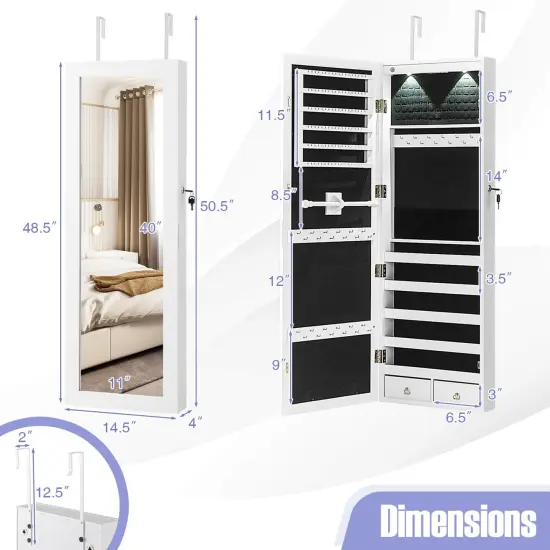 Costway Mirror Jewelry Cabinet with Full Length Clear Mirror & Internal LED Lights Hooks {3}