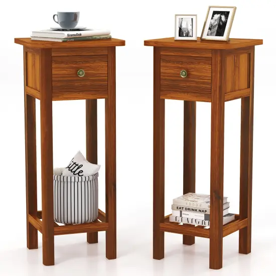Costway 2PCS Solid Wood Side Table with Acacia Wood Top Drawer & Open Shelf Small Nightstand {1}