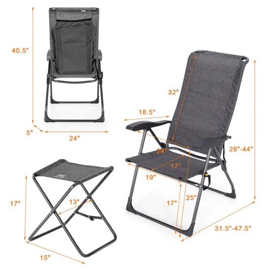 Costway 4PCS Patio Folding Dining Chair Ottoman Set Adjustable Back Camp Gray\Black {2}