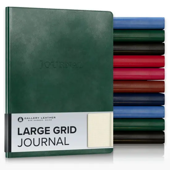 Gallery Leather Grid Journal - Crafted in Maine, USA - Elegant Leather Notebook with 192 Grid Pages , 9.75x7.5 ", Large Grid Acadia Green {1}