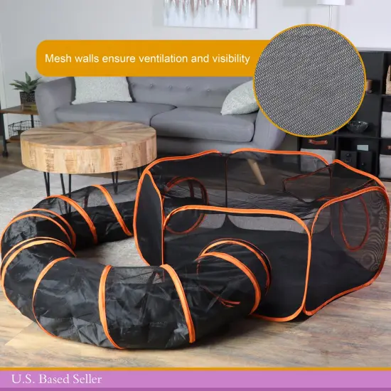 MiMu Dog Playpen - 4 Foot Cat Tent with Exercise Tunnel - Orange Pop Up Mesh Pen {3}