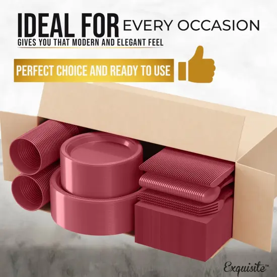 Exquisite 182 Pcs Plastic Plates for Party &ndash; Disposable Plates Set &ndash; 26 Each of 9" Dinner Plates, 7" Dessert Plates, Plastic Cups, Napkins & Plastic Cutlery &ndash; Plastic Dinnerware by Party Solids Burgundy {3}