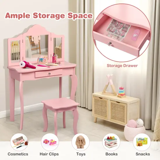 Costway Kids Vanity Table & Stool Princess Dressing Make Up Play Set for Girls White/Pink {3}