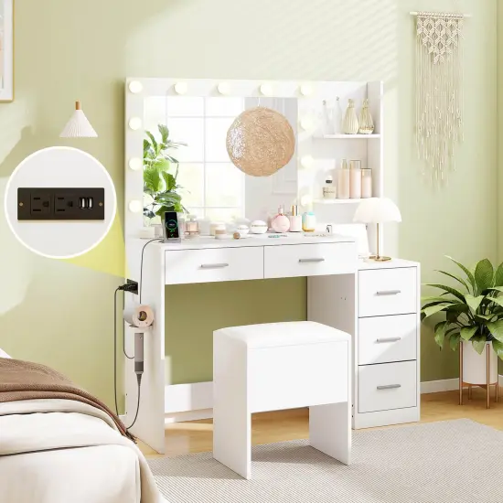 Costway 43.5" Makeup Table Set Vanity Desk with Storage Stool Power Outlets 2 Open Shelves {2}