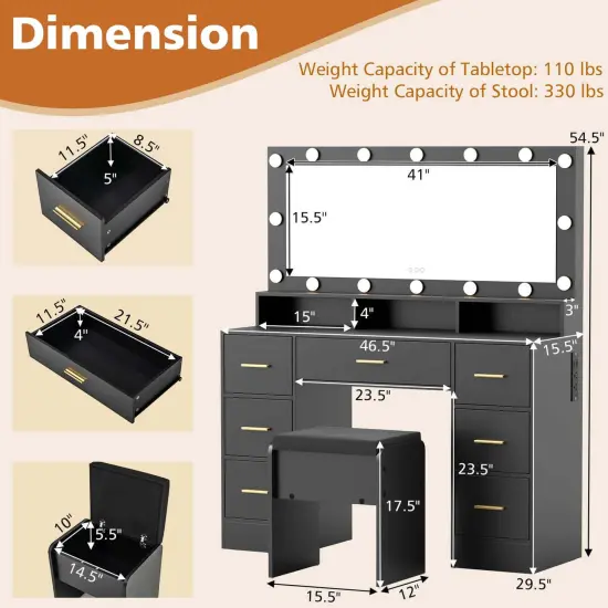 Costway Makeup Vanity Desk with Mirror and Lights Charging Station 3-Color LED Lights Black/White {3}