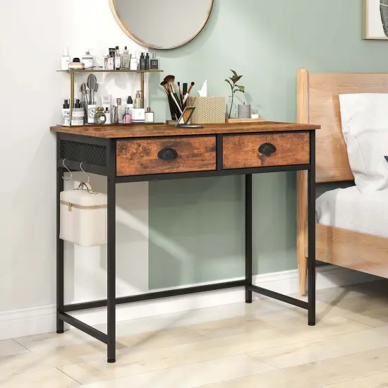 Costway Space Saving Home Computer Desk with 2 Fabric Drawers 4 Hanging Hooks & Metal Frame Brown/White {9}