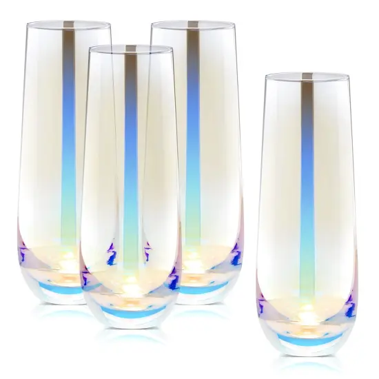 4 Pack Iridescent Champagne Flutes, Stemless Wine Glasses for Cocktails, Mimosas, Bars (10 oz) Clear {1}