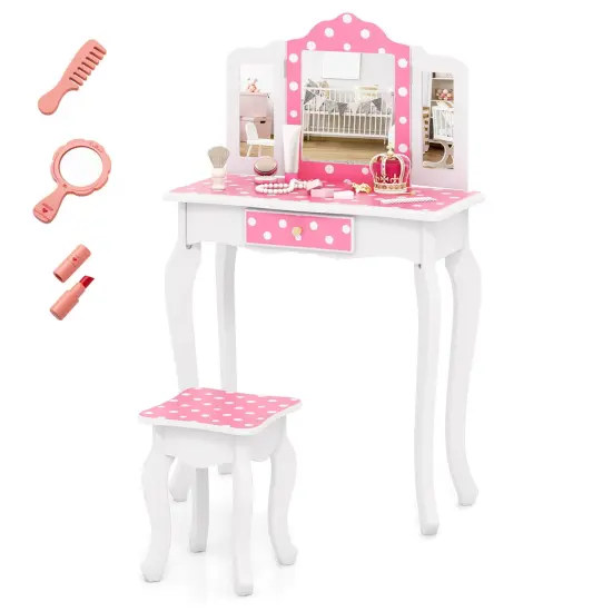 Costway Kids Vanity Table & Stool Set with Cute Polka Dot Print Tri-folding Mirror Drawer Pink&White/Light Pink&White/Pink&Black/Blue/Pink {10}