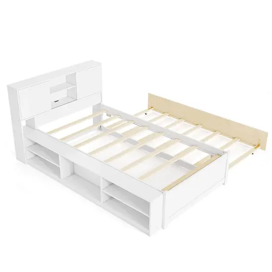 Costway Twin Size Bed Frame with Trundle & Power Outlet Bookcase Headboard Sliding Doors {2}