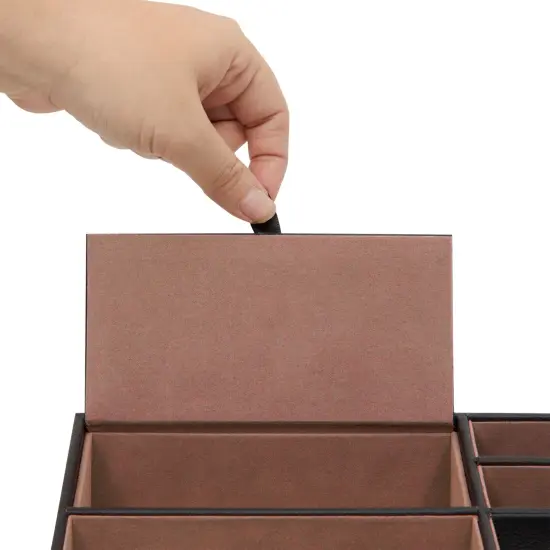 Black Valet Tray for Men, 5 Compartments for Wallet, Phone, Keys (Faux Leather, 10 x 7.3 x 2 In) {3}