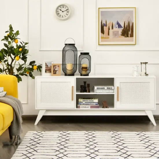 Costway TV Stand Entertainment Media Console w/ 2 Rattan Cabinets & Open Shelves {4}