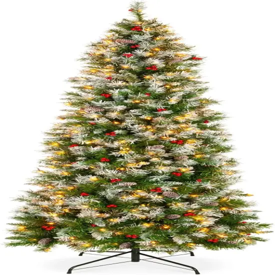 Frosted Pencil Christmas Tree Pre Lit Slim Tree with Pine Cones, 350 Lights & Metal Base {1}