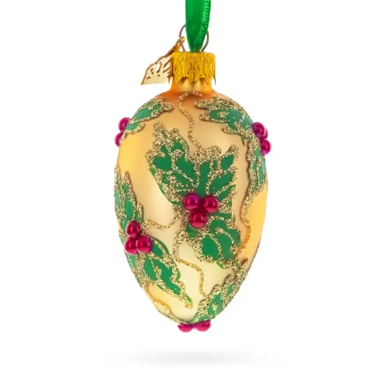 Golden with Holly Leaf and Red Berry Accents Mini Glass Egg Ornament 2.9 Inches {4}
