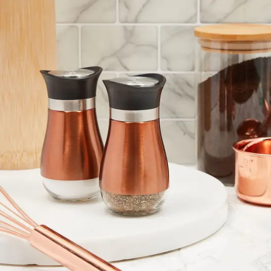 Stainless Steel Copper Salt and Pepper Shakers Set with Glass Bottom, Screw-Off Caps, Perforated "S" and "P" Designs for Kitchen, 2.5 x2.5 x 4.5 Inches (4oz) Gold {2}